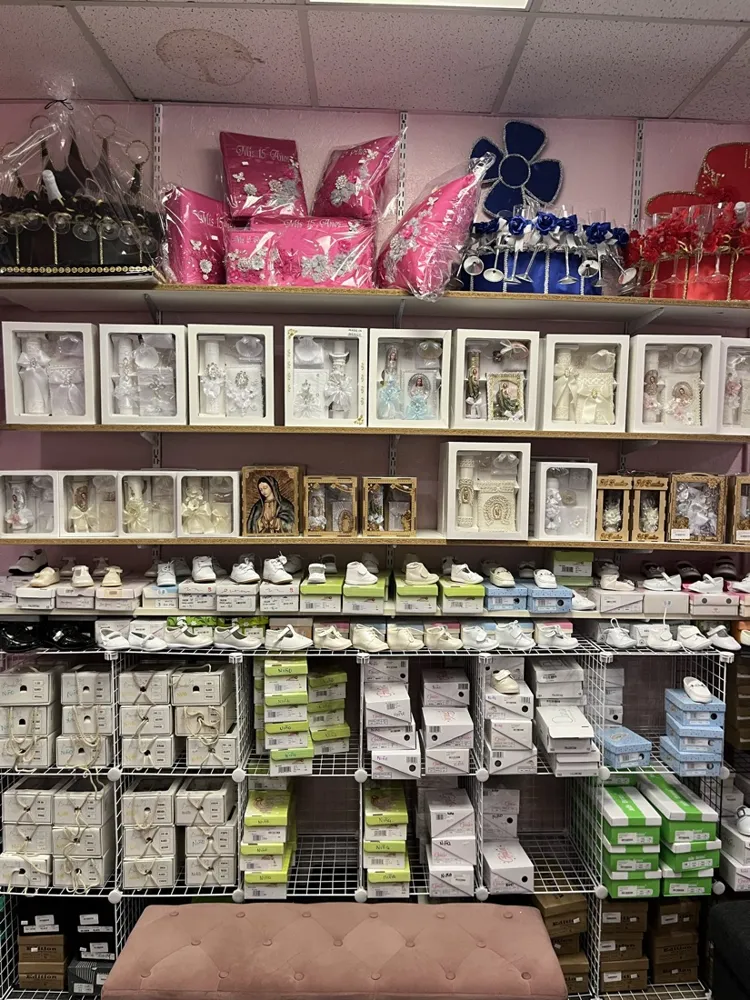 Keepsake boxes and children's shoes on shelves